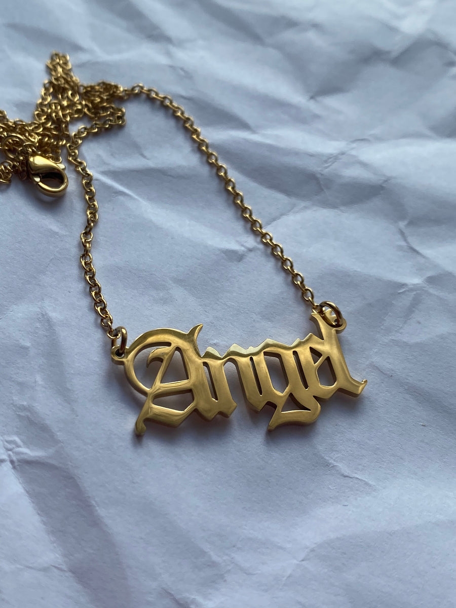18K Gold Vermeil Angel Old English Script Necklace