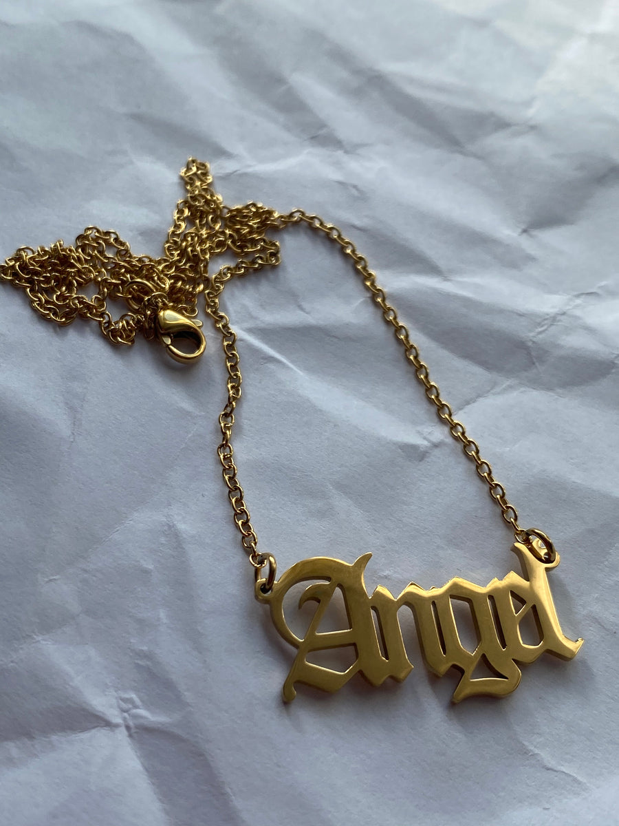 18K Gold Vermeil Angel Old English Script Necklace